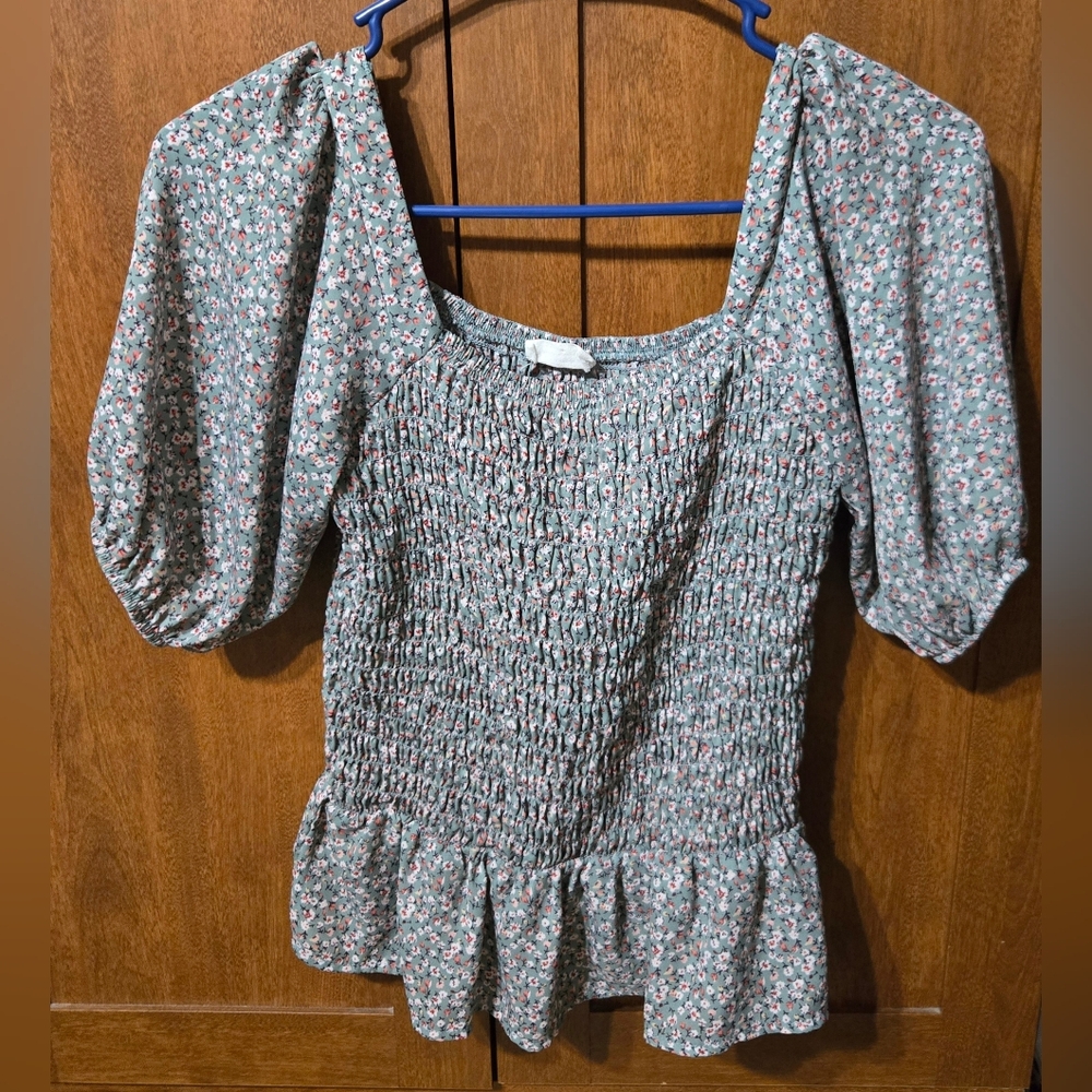 Sienna Sky Green Floral Smocked Square-Neck Peplum Top